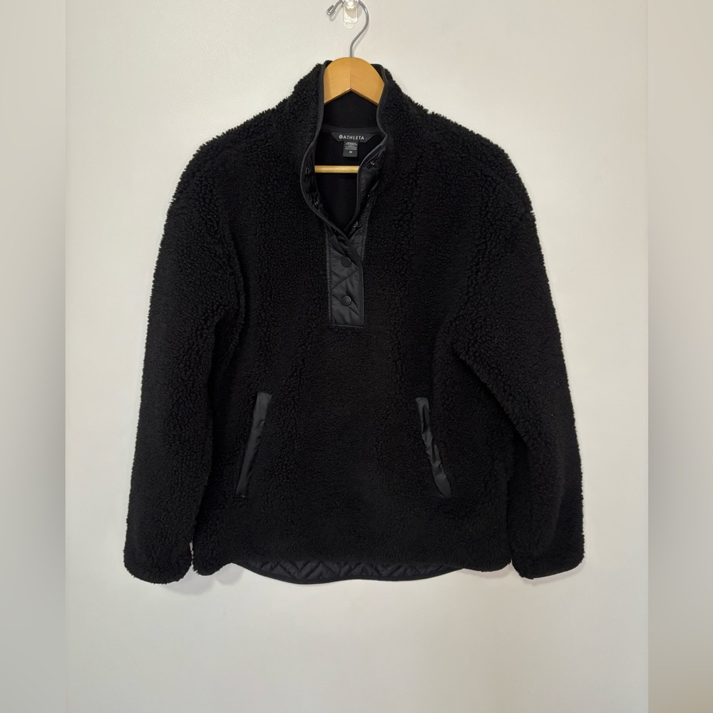 Athleta Cozy Sherpa Snap Sweatshirtt Black Size Medium Pockets